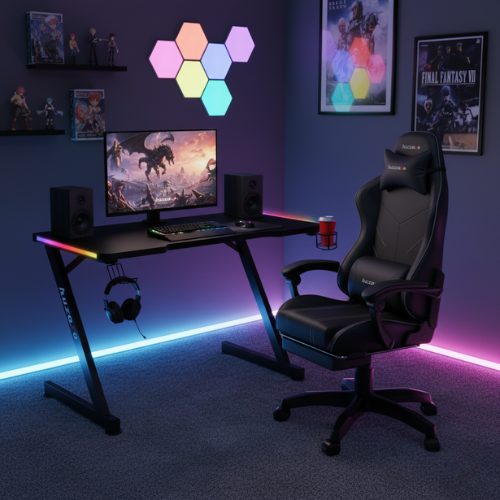 Lifestyle Image of A Gaming Room with HUZARO HERO 2.5 RGB LED GAMING DESK - LED Lighting - Headphone & Cup Holders - Cable Ports with Monitor & Speakers on Desk Top &  Huzaro Force 3.7 Carbon Black Ergonomic Gaming Chair with Footrest, Lumbar Cushion & Ne